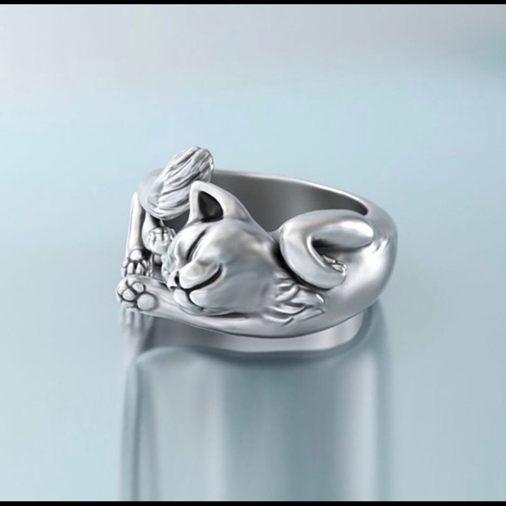925 Sterling Silver Lazy Kitty Cat Ring - Picture 3 of 3